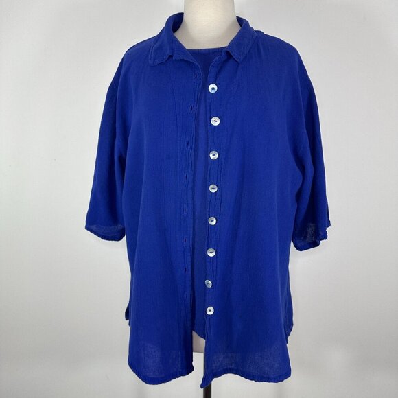 Oh My Gauze Size 2 Blue Cotton 2Pc Short Sleeve Buttons Blouse & Top Lagenlook - Picture 2 of 16